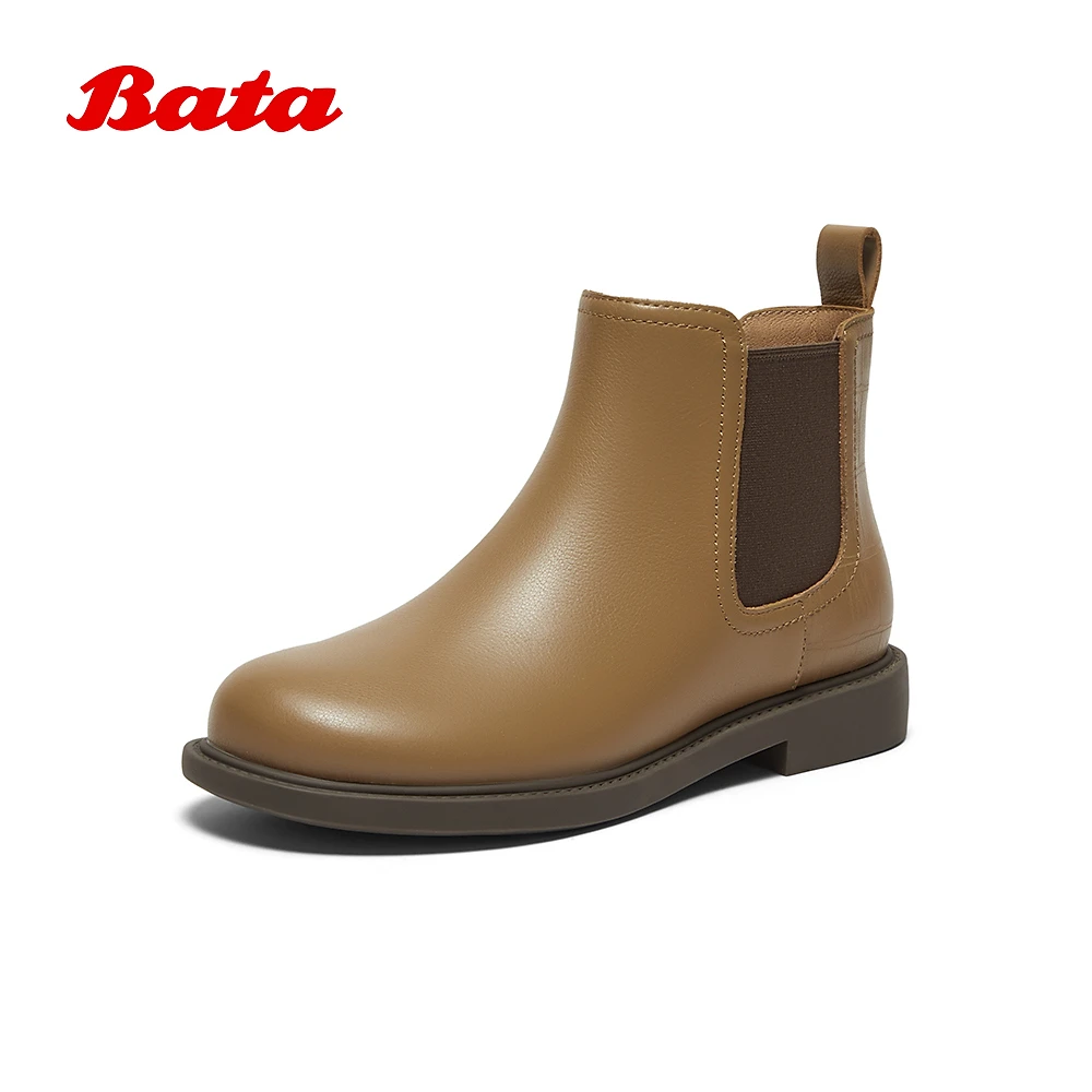Bata切尔西靴女2025冬商场新款英伦风牛皮通勤软底短筒靴86812DD5