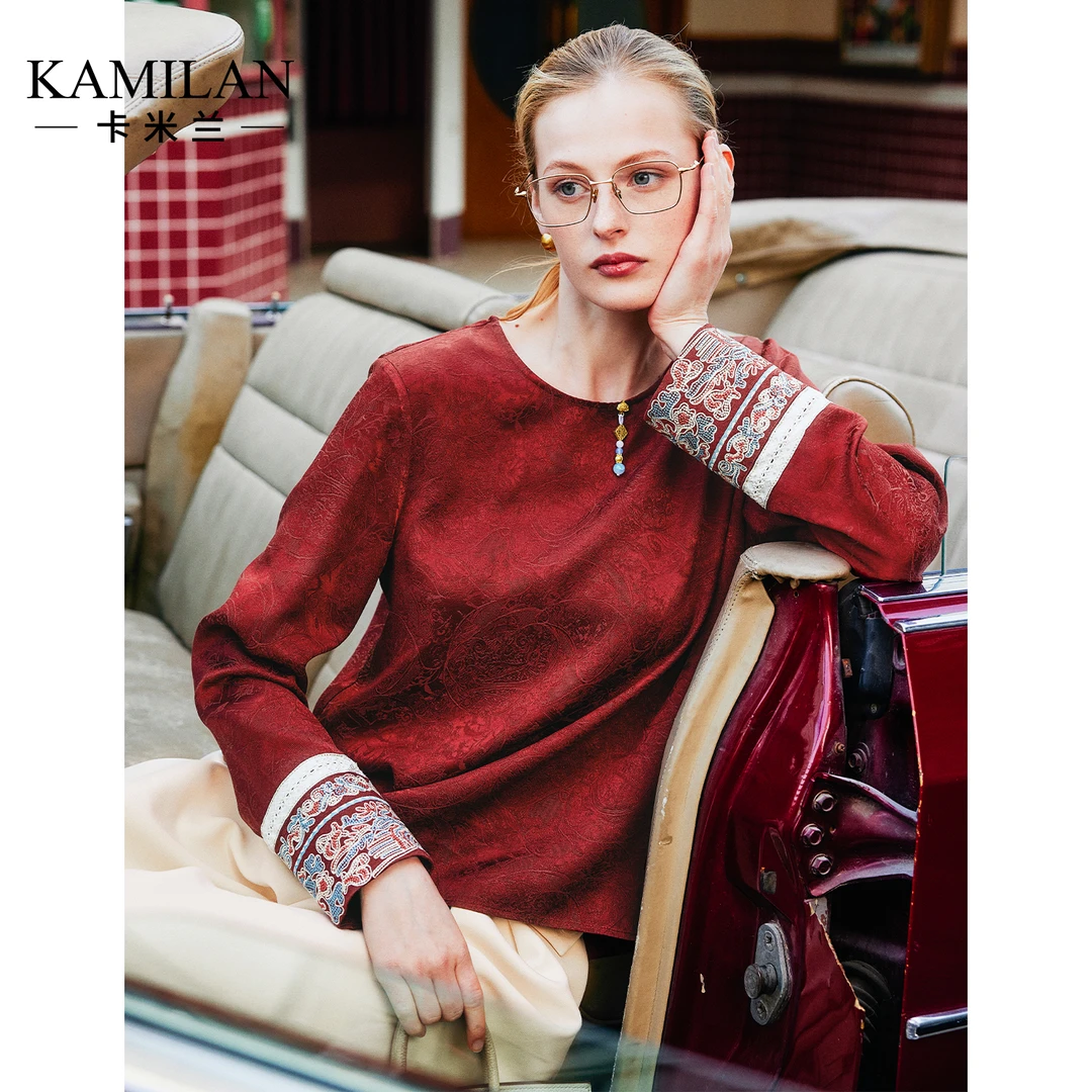 [新中式x刺绣]卡米兰复古绣花衬衫女2025春季新款提花衬衣上衣