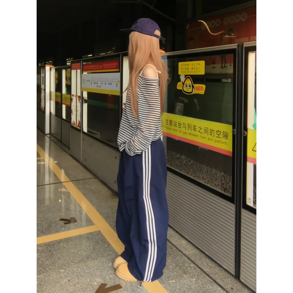 Holocene美式潮牌运动休闲裤情侣松紧腰蓝色休闲侧边杠条工装长裤