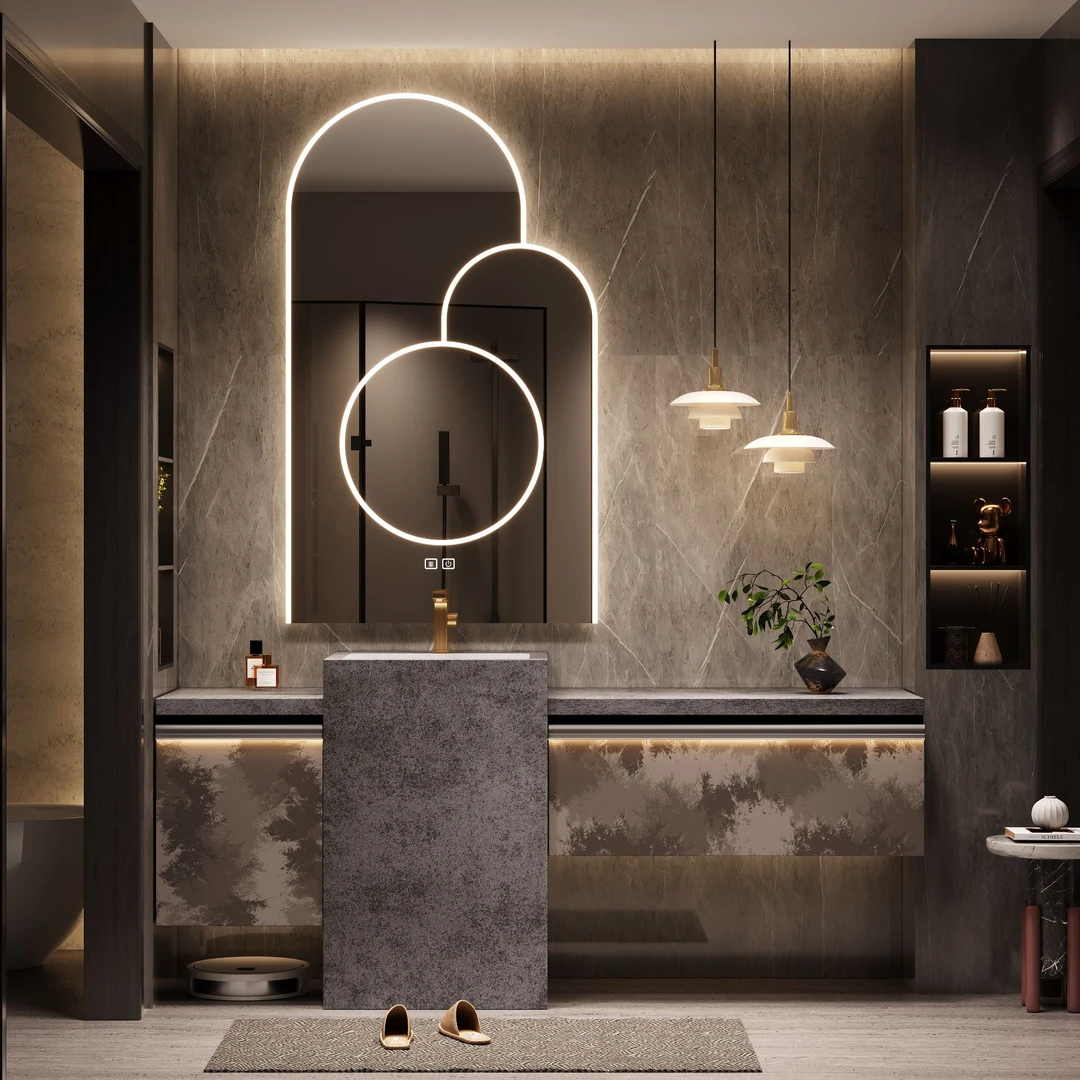 高端酒店风立柱式浴室柜岩板无缝陶瓷一体盆别墅高档洗漱台可定制