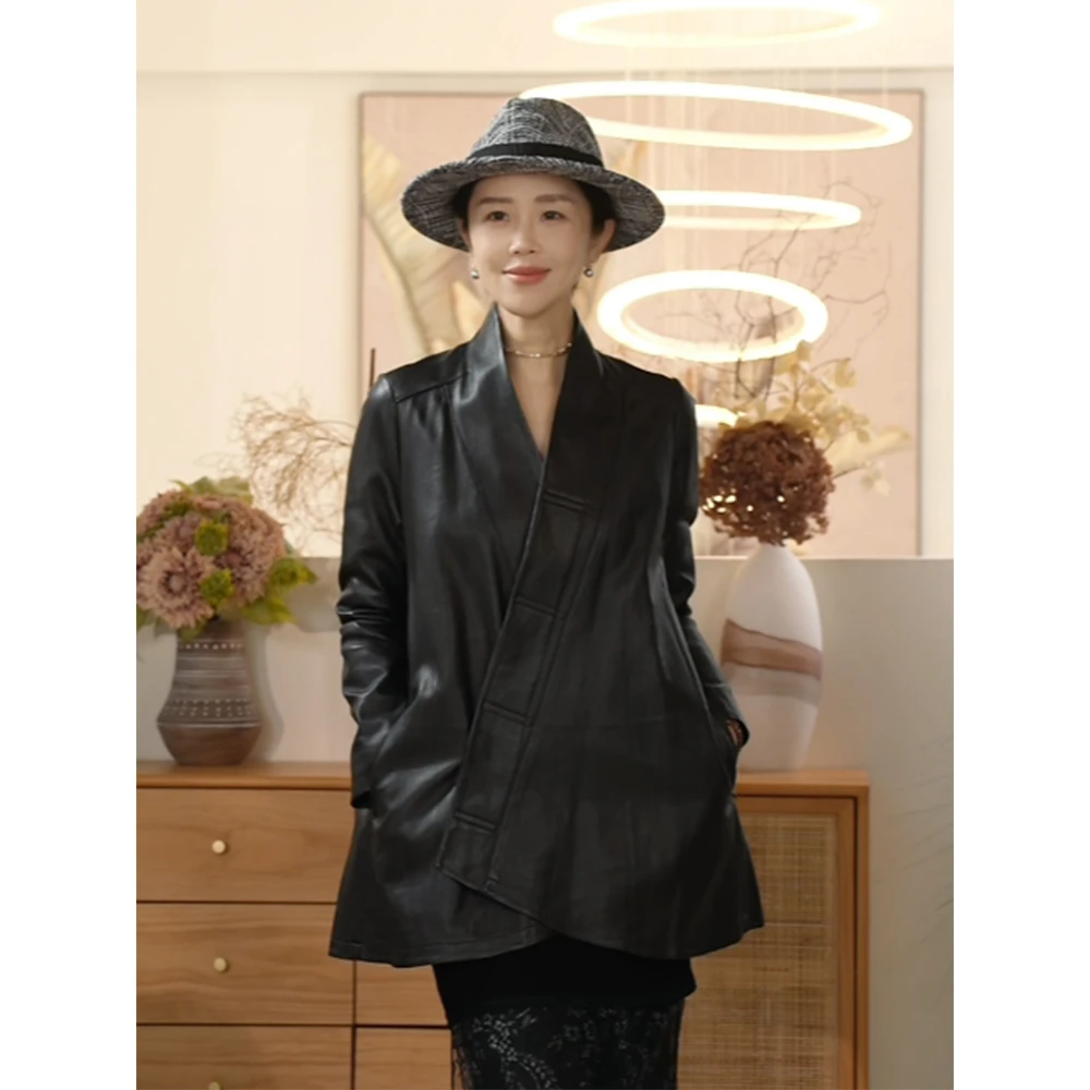 库茵 叭哒不惑  小中式 羊皮时尚气质宽松女士皮衣外套