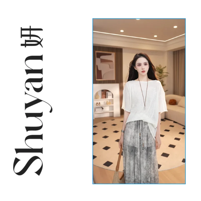 Shuyan妍【文艺Tee】亚麻五分袖套头宽松显瘦休闲纯色圆领上衣8111