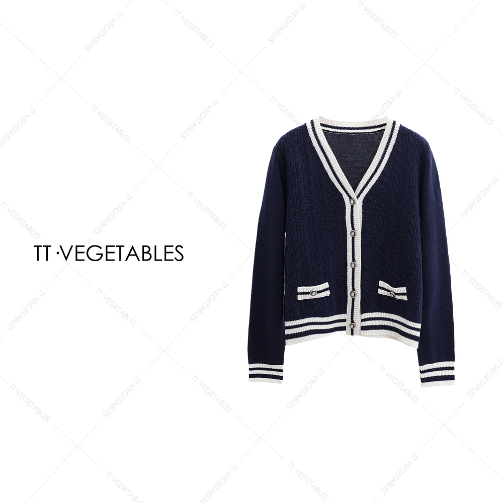 噢芬/小个子 【蓝韵】绵羊毛针织衫撞色开衫女打底衫521649