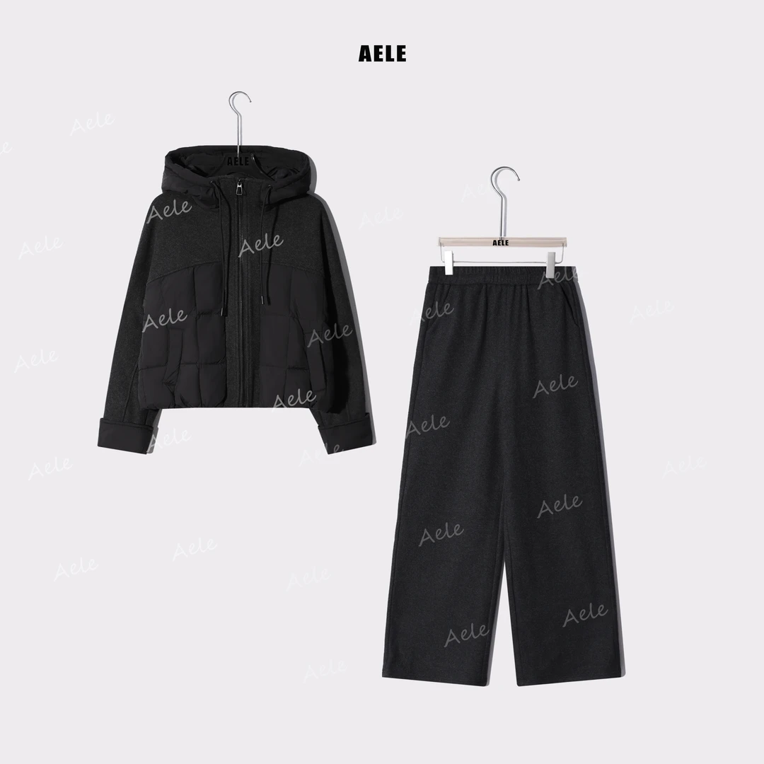 AELE设计感复古立领连帽棉外套+松紧腰直筒裤套装 D855 3378 AD