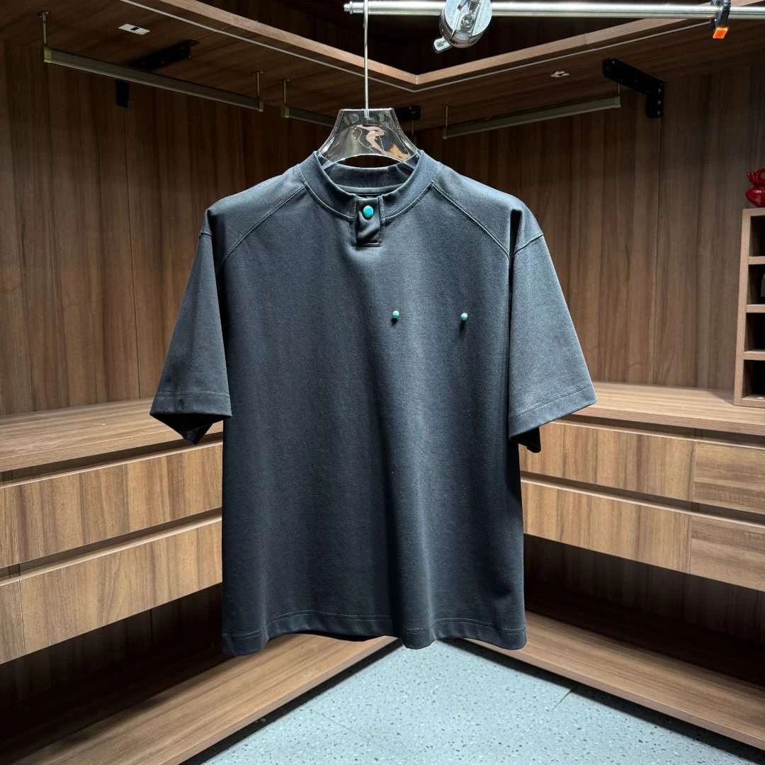 89210夏季新款高级感小松石纯色简约小V领设计情侣款短袖T恤