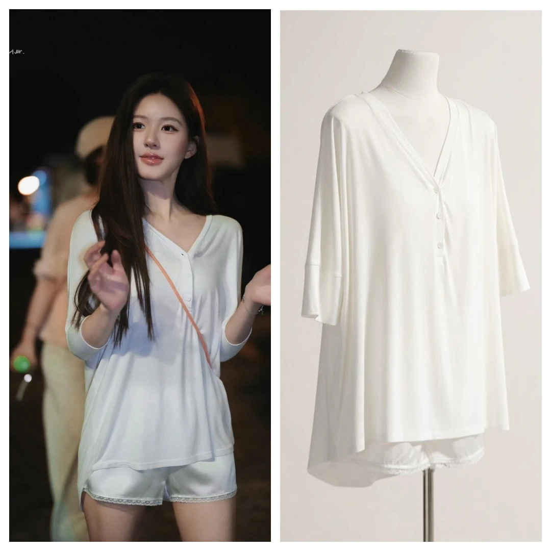 露思同款秋季睡衣女2025新款针织上衣白色显瘦冰丝短裤家居服套装