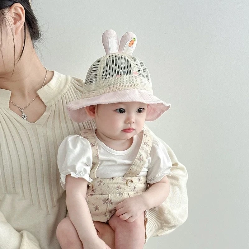 婴儿帽子夏季薄款透气网眼可爱小兔子渔夫帽女宝出游遮阳防晒盆帽