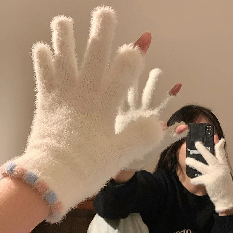 可爱糖豆露指触控屏幕毛绒五指手套女冬季保暖学生加绒加厚防寒骑
