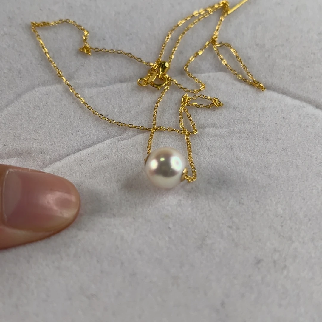 海水珍珠吊坠(赠链)18K金镶嵌8.5-9mm路路通吊坠+银链