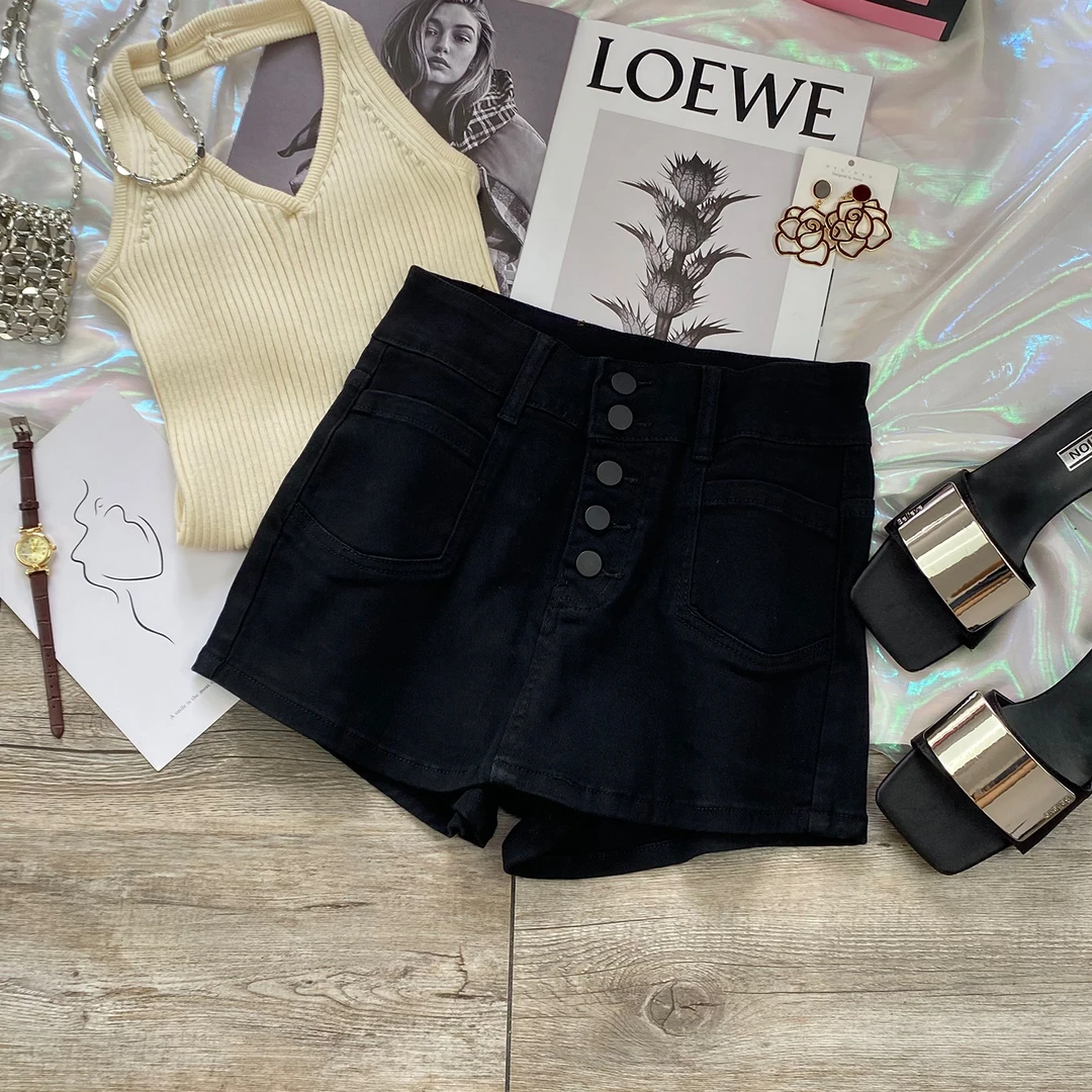 多排扣牛仔超短裤裙女秋季薄款2025年高腰显瘦a字包臀半身裙裤女