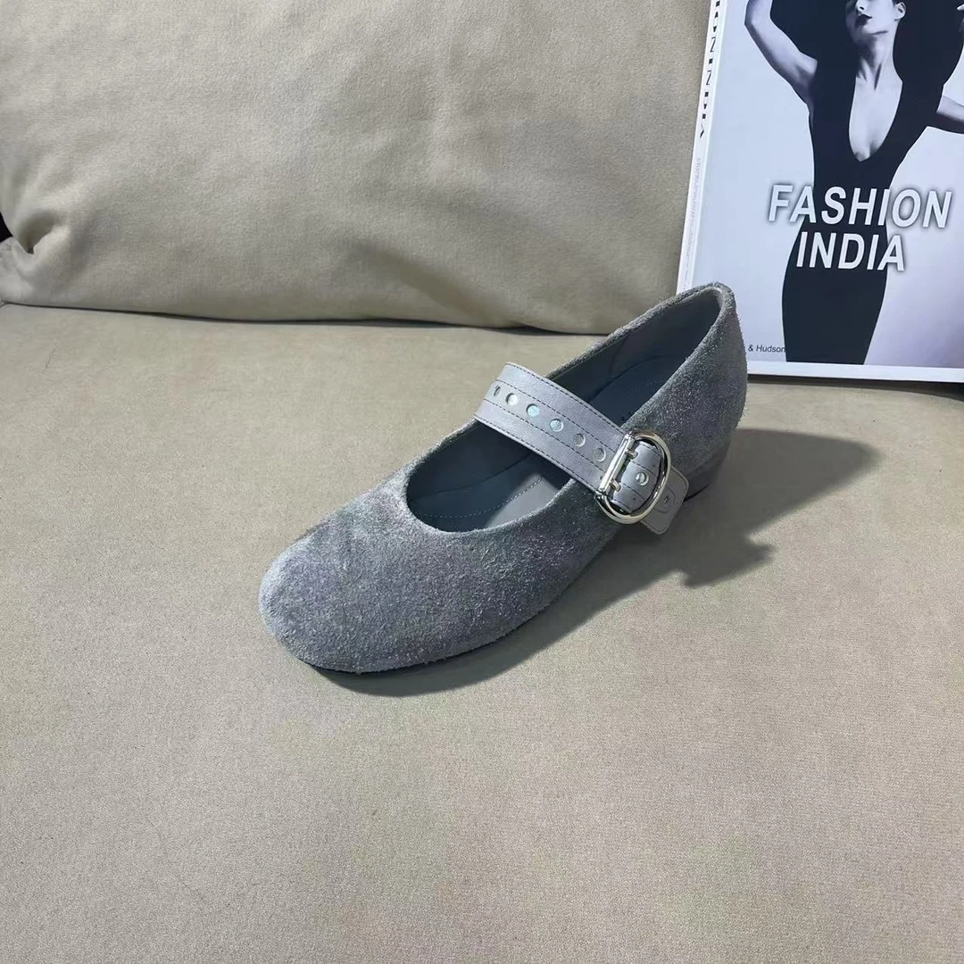 1023【花序】灰2025春新款气质女士小圆头低跟浅口纯手工单鞋A【2cm】