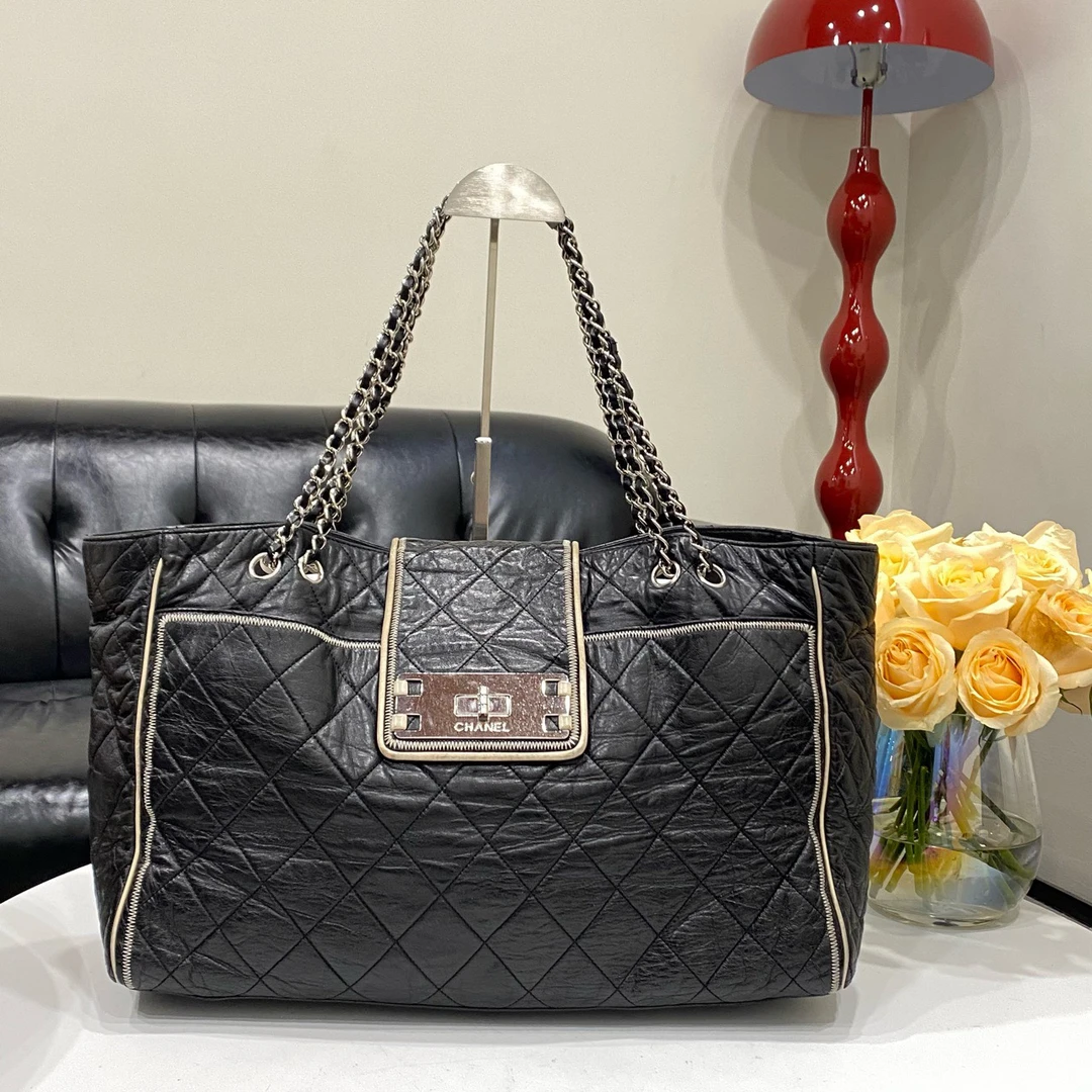 95新 Chanel/香奈儿 中古黑银手提托特包