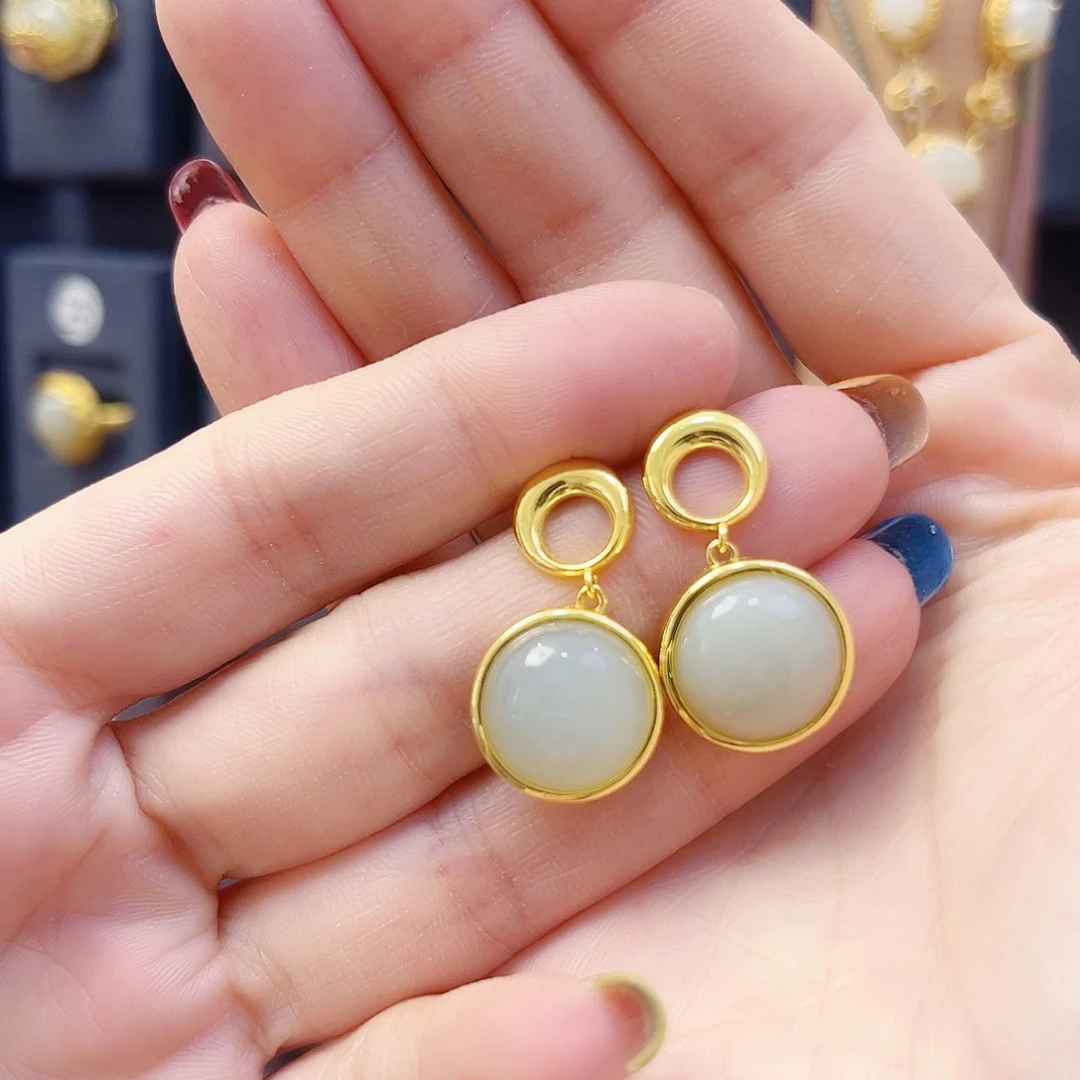 和田玉银S925镀金镶嵌耳饰