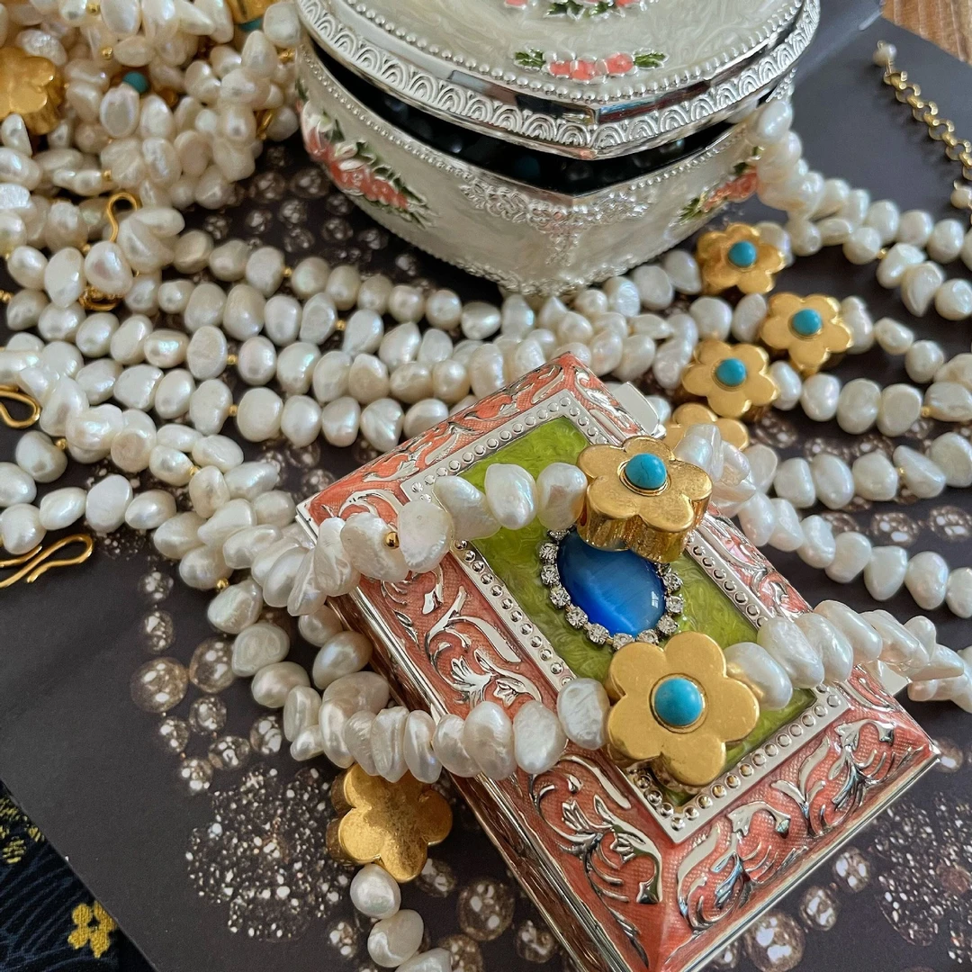 铜合金项链 【烟暖雨初】中古文艺珍花瓣珠珠项链