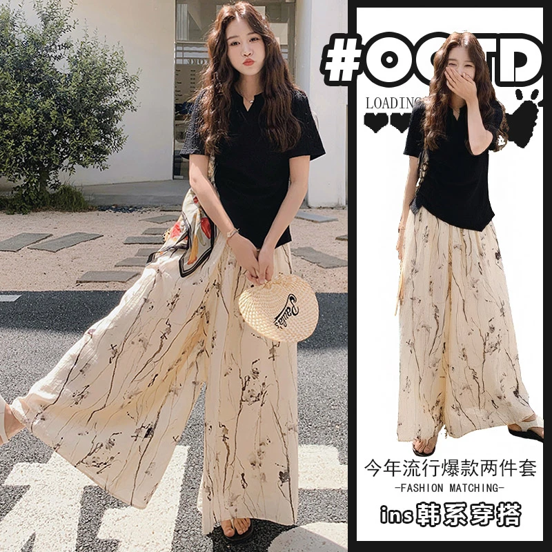 高级感炸街套装裙女夏季2025新款新中式上衣水墨印花裙裤两件套装