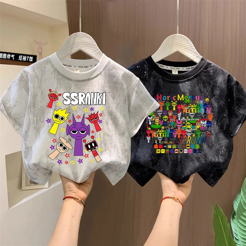 新款夏季节奏盒子儿童宝宝100%纯棉短袖扎染亮片上衣男女T恤半袖