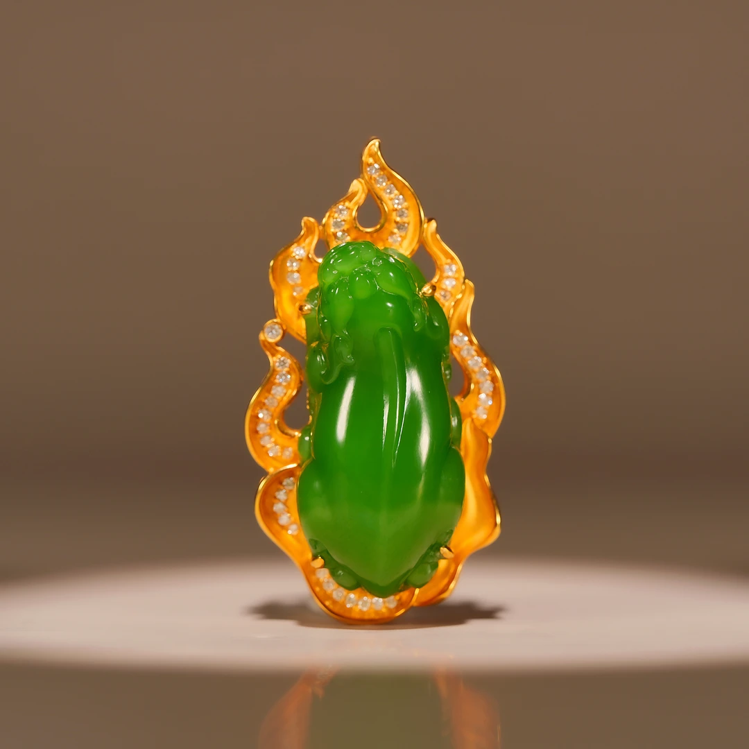 传世级 和田玉俄七极致浓粉绿高定貔貅吊坠 18K金 40*21*13.8mm±