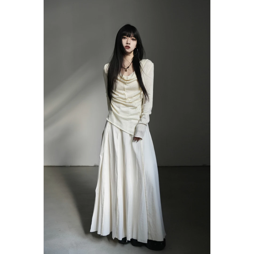 呆毛DM.FACTORY【日和风铃】春季荡领褶皱不规则扣子上衣DMX3404