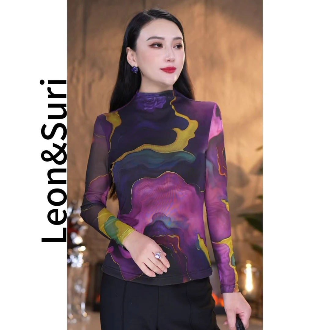 2025早秋新款《大理石渐变 》之  “彩澜紫梦”半高领打底衫时尚上衣