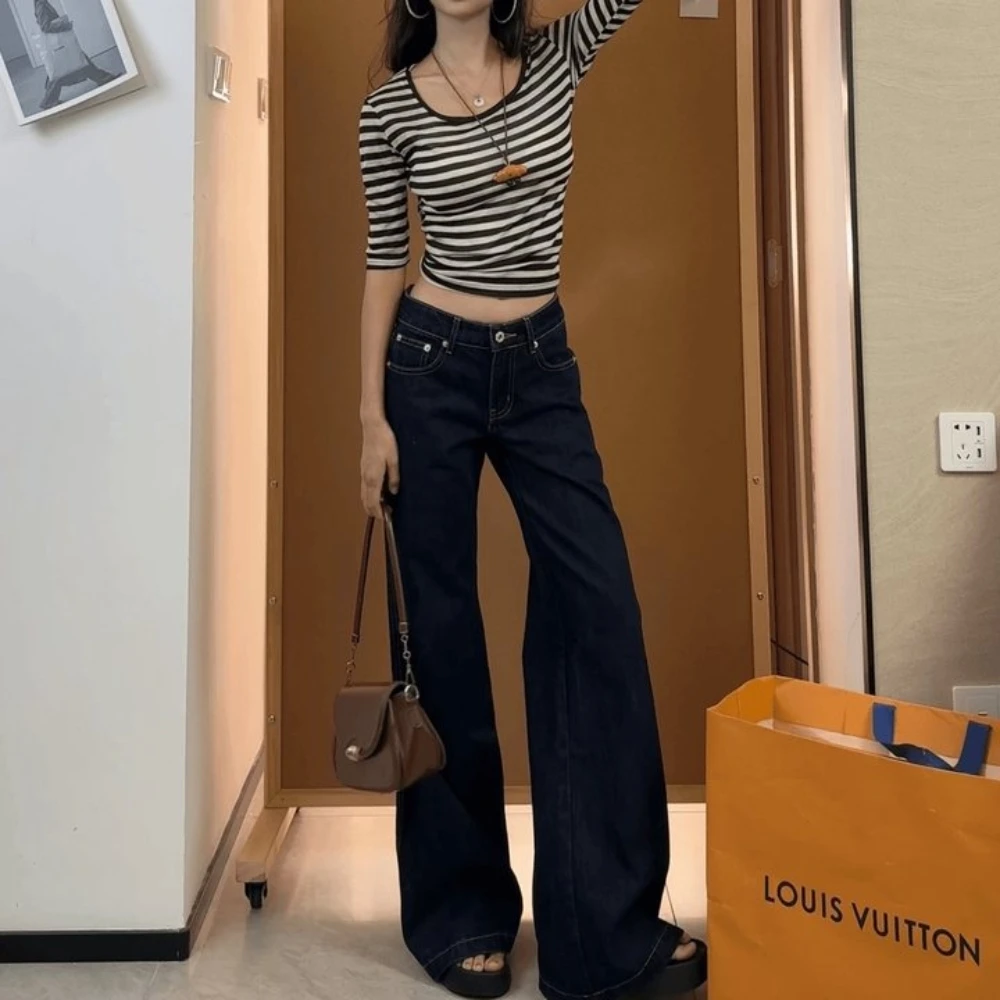 丹宁蓝低腰牛仔裤女2025夏季新款高腰显瘦宽松直筒阔腿拖地长裤子