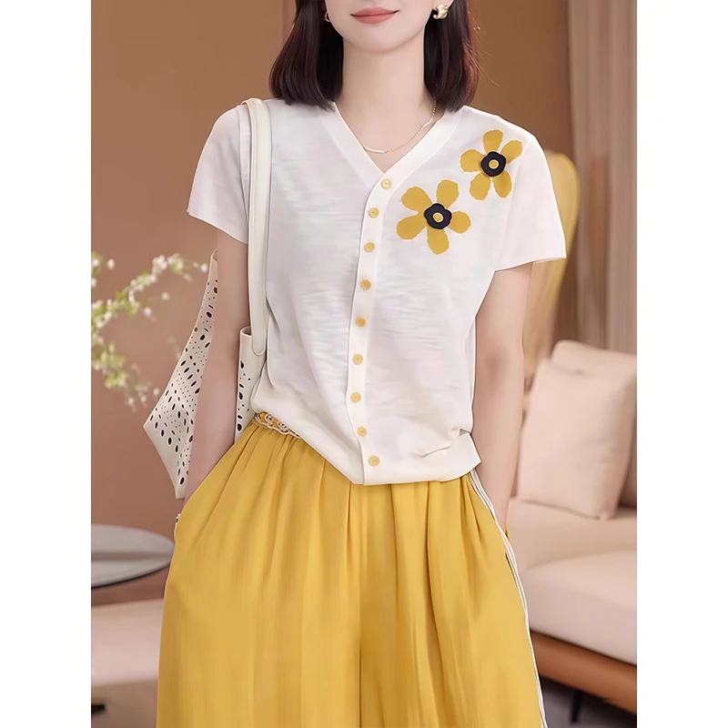 韩系提花花朵短袖T恤女2025夏新款减龄设计感洋气针织假开衫上衣