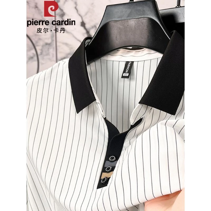 皮尔卡丹短袖t恤男士法式轻奢竖条纹夏季新品修身帅气polo衫男装
