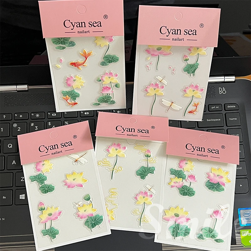 新中式国风好运莲莲炫彩荷花防水浮雕果冻贴纸手机壳电脑水杯装饰