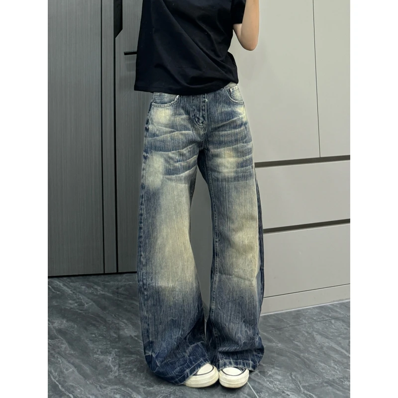 高个子加长美式复古水洗做旧阔腿牛仔裤女宽松显瘦百搭拖地弯刀裤