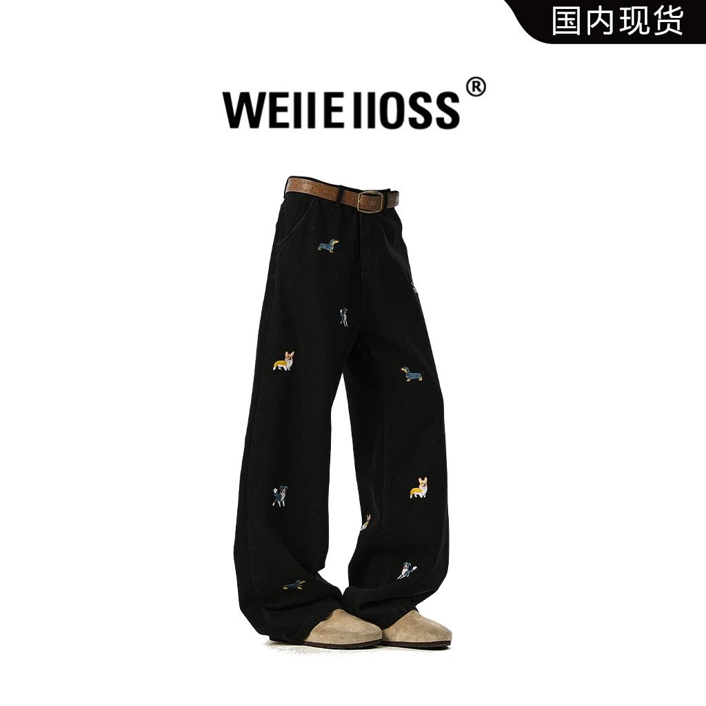 WEIIONESS美式牛仔裤男款秋季潮牌腊肠狗刺绣直筒裤轻奢痞帅男装