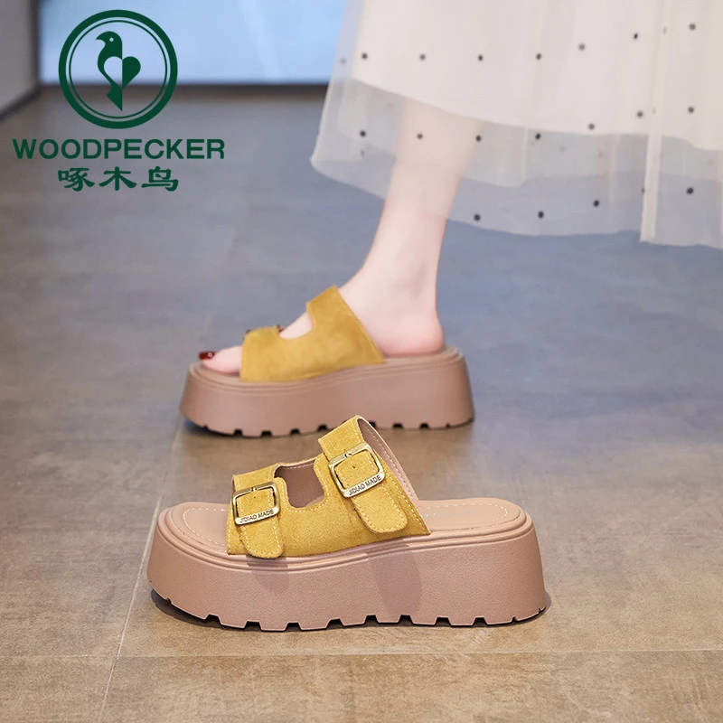 啄木鸟厚底6cm小个子勃肯凉拖鞋女夏外穿2025新款沙滩松糕一字拖