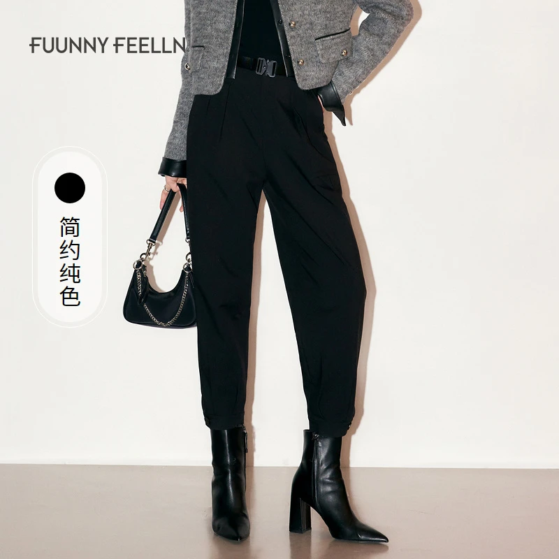 仿佛仿佛年冬季羊毛女黑色工装设计感小脚裤FV01016