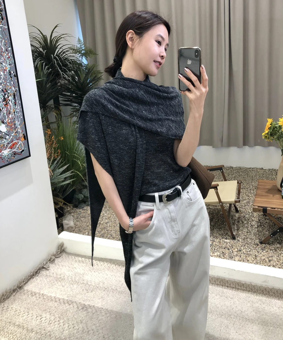 法式优雅轻盈舒适慵懒风亚麻U领上衣+轻柔亚麻三角大披肩两件套女
