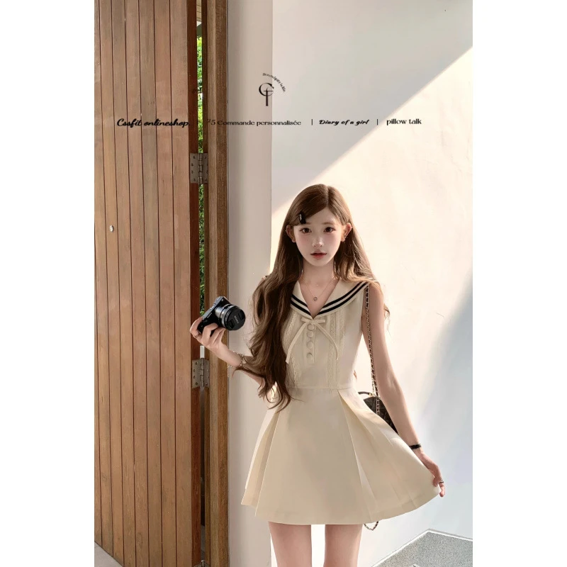 海领无袖假两件连衣裙短款夏季2025新款爆款短裙木耳边夏日小裙子