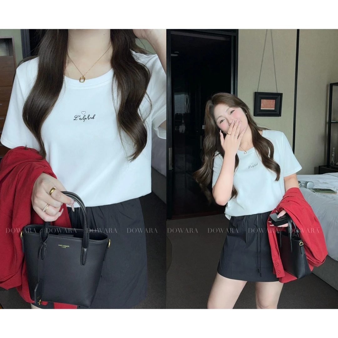 现货大碗酱肉肉微胖定制韩系时尚宽松休闲简约字母圆领上衣5285D