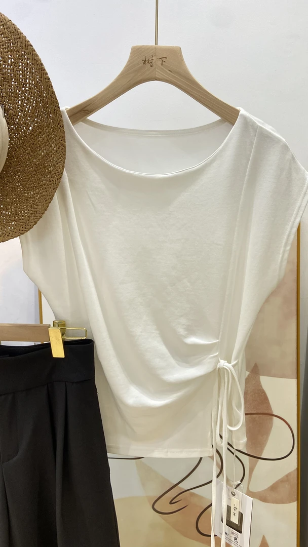 2025新款韩版时尚百搭简约显瘦设计感小众绑带不规则半袖短袖棉t