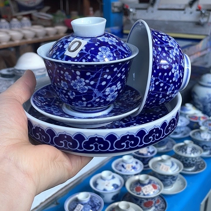 青花釉下彩盖碗杯子壶承