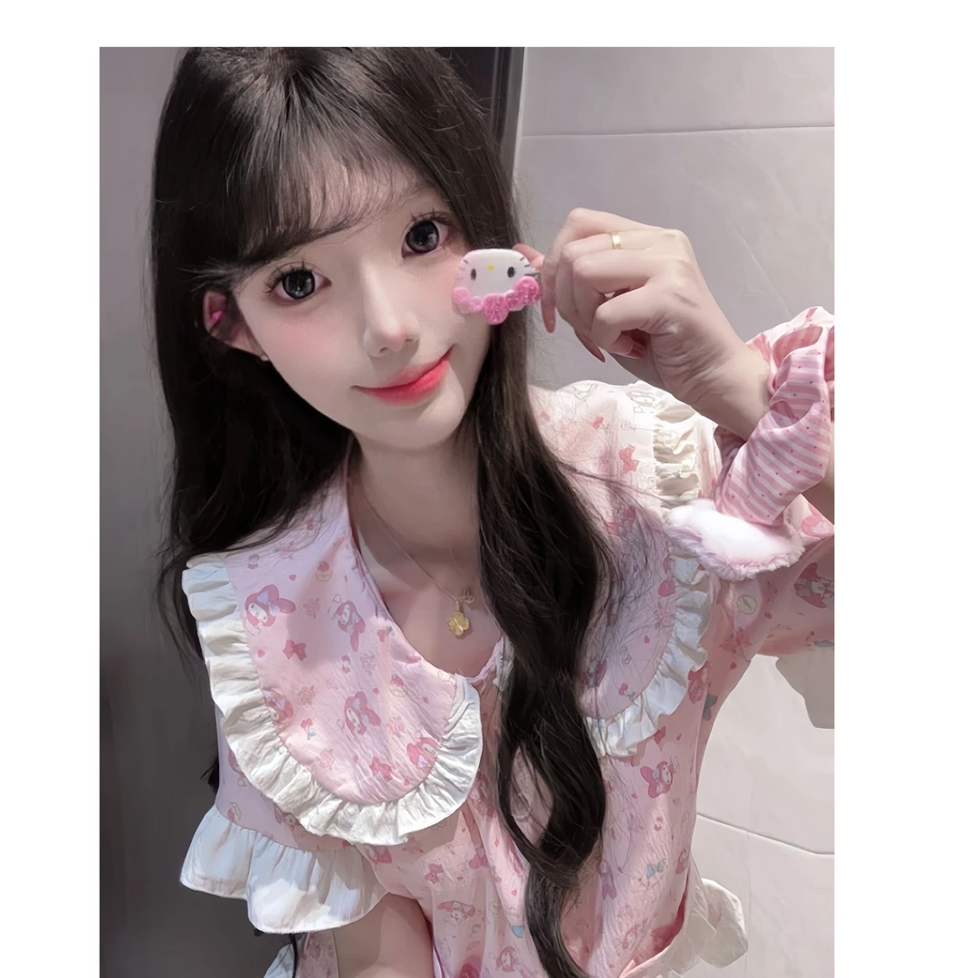 三丽鸥美乐蒂娃娃领薄款女学生宿舍睡衣家居服套装长袖家居服胸垫