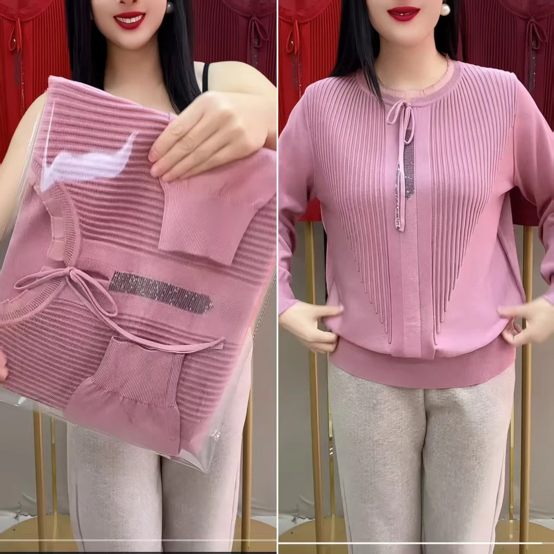 秋冬新款木耳边套头妈妈焦麻针织衫上衣宽松洋气打底衫中老年女装