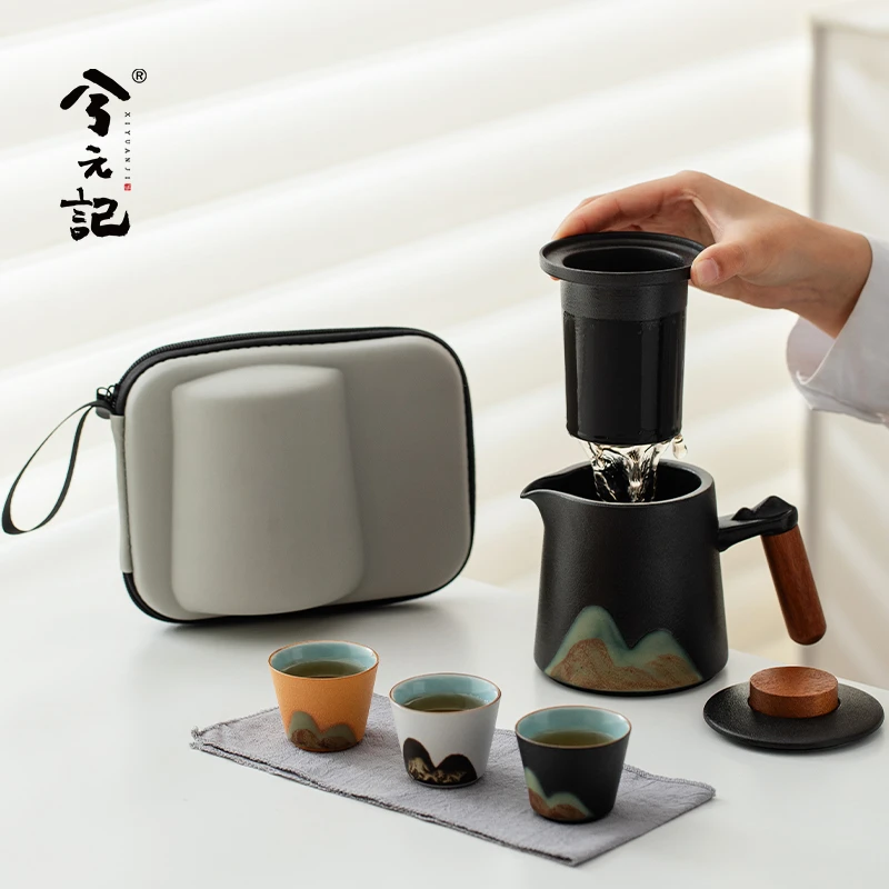 兮元记故宫文创釉画彩旅行茶具套装便携式户外喝茶快客杯一壶三杯