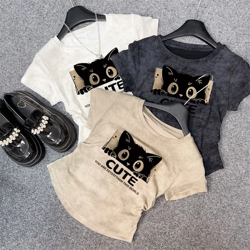 夏季新款别致正肩猫咪印花短袖T恤女辣妹收腰褶皱ins大码短款上衣