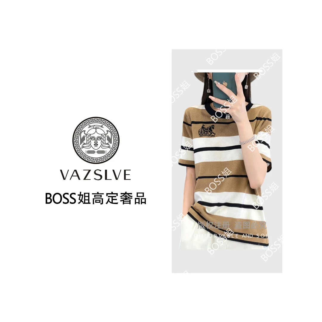 【VAZSLVE/原创设计】夏季条纹短袖女圆领宽松马车刺绣莱赛尔t恤