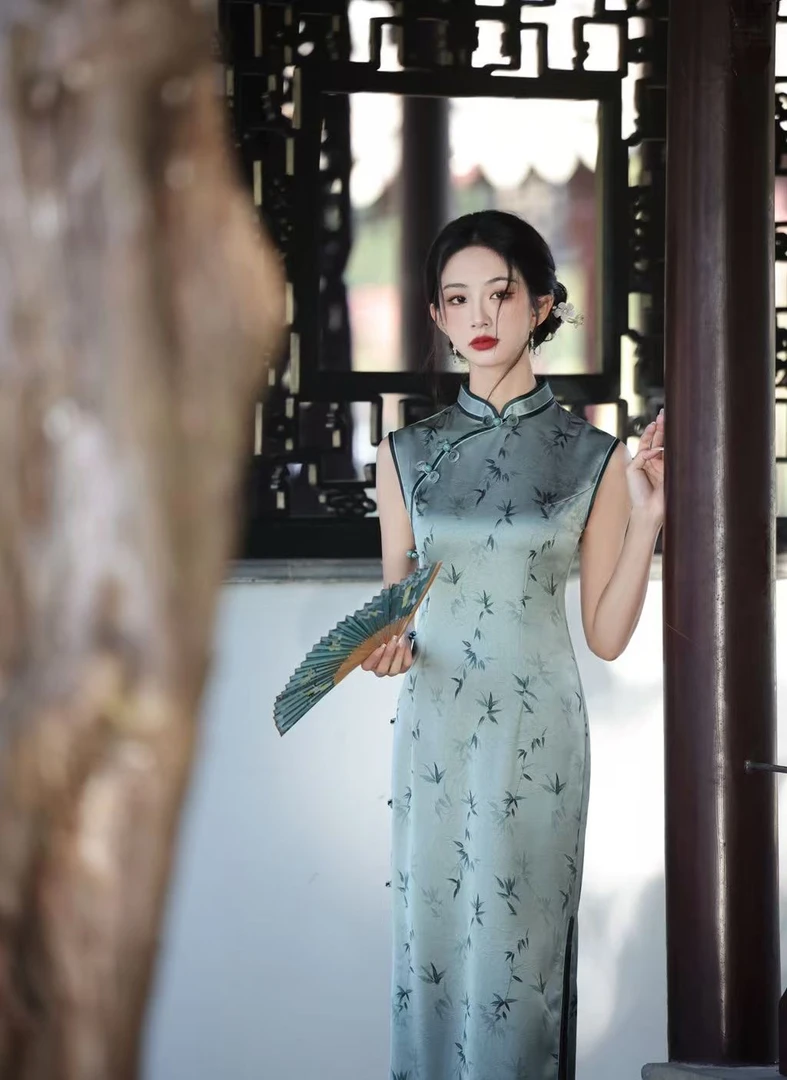 【一路绿灯】2025新款夏季绿色送考中长款修身时尚气质显瘦旗袍