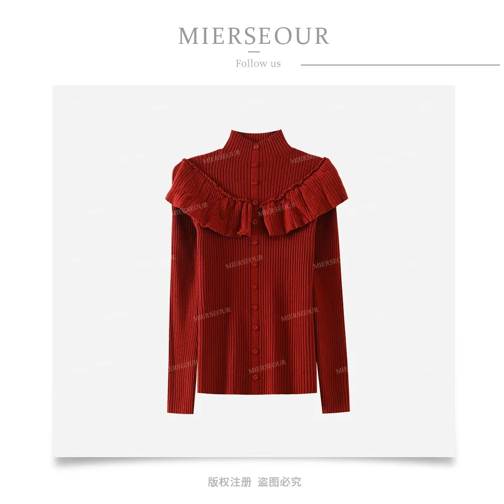 新款荷叶边半高领针织衫女修身显瘦长袖毛衣打底衫毛衣上衣G9-97