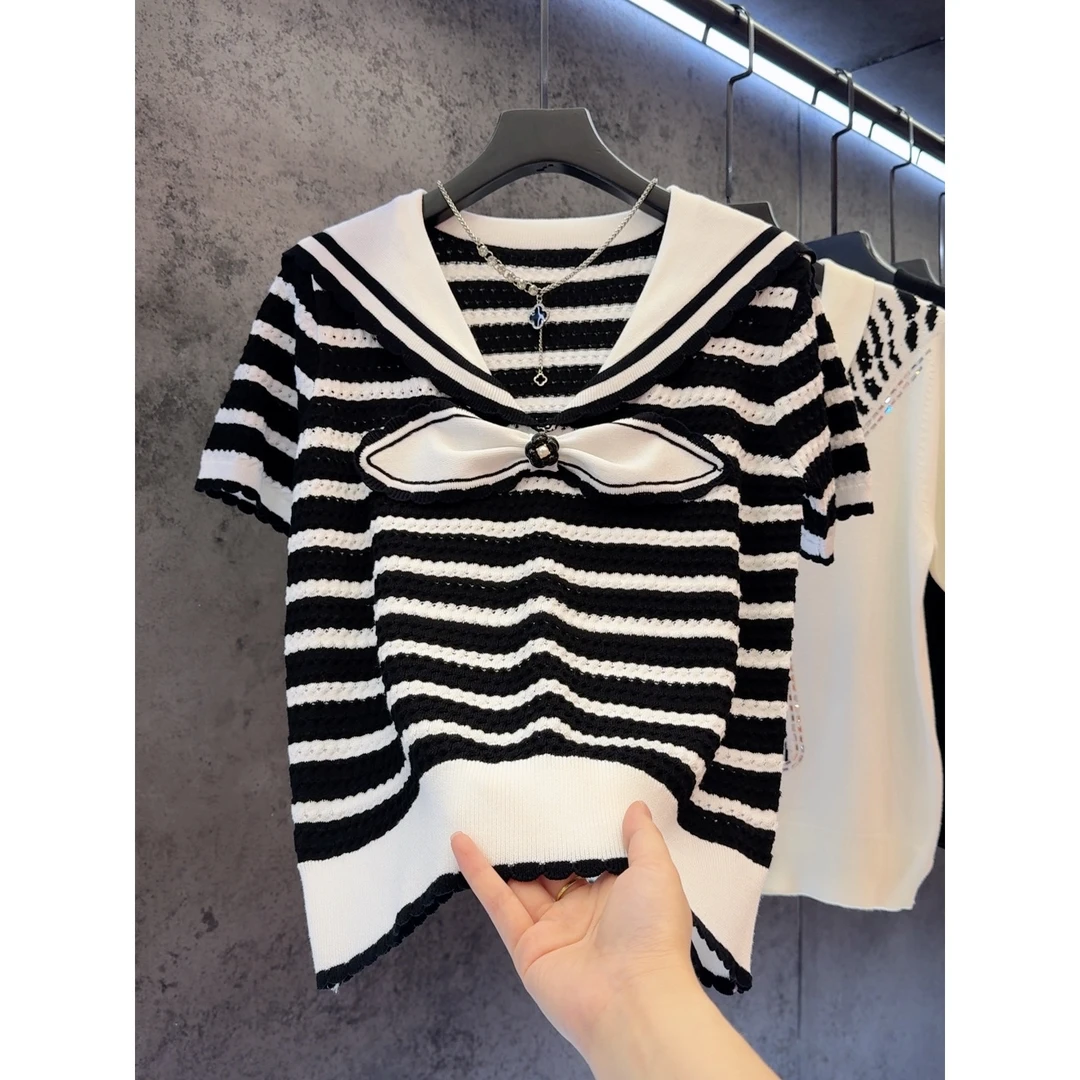 【定制大码女装80-200斤】蝴蝶结条纹显瘦百搭镂空海军领上衣女2126