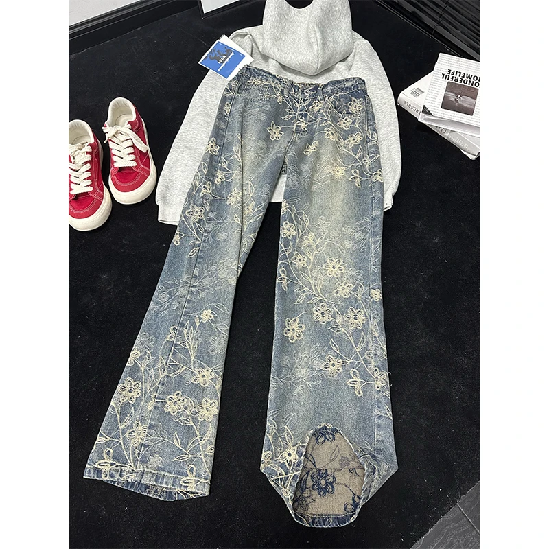 水洗复古提花微喇牛仔裤男款美式vibe设计感裤子加长版弯刀直筒裤