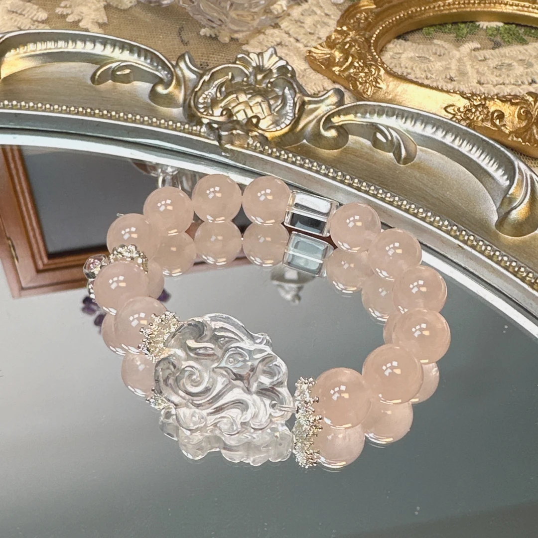 天然粉水晶搭配白水晶狐牌手串1432 颜色微差 多样性发一