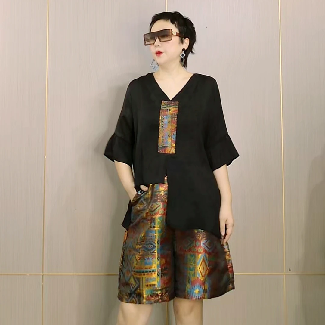 2005新中式国风套装不规则拼接夏季短裤两件七彩重工烫金气质上衣