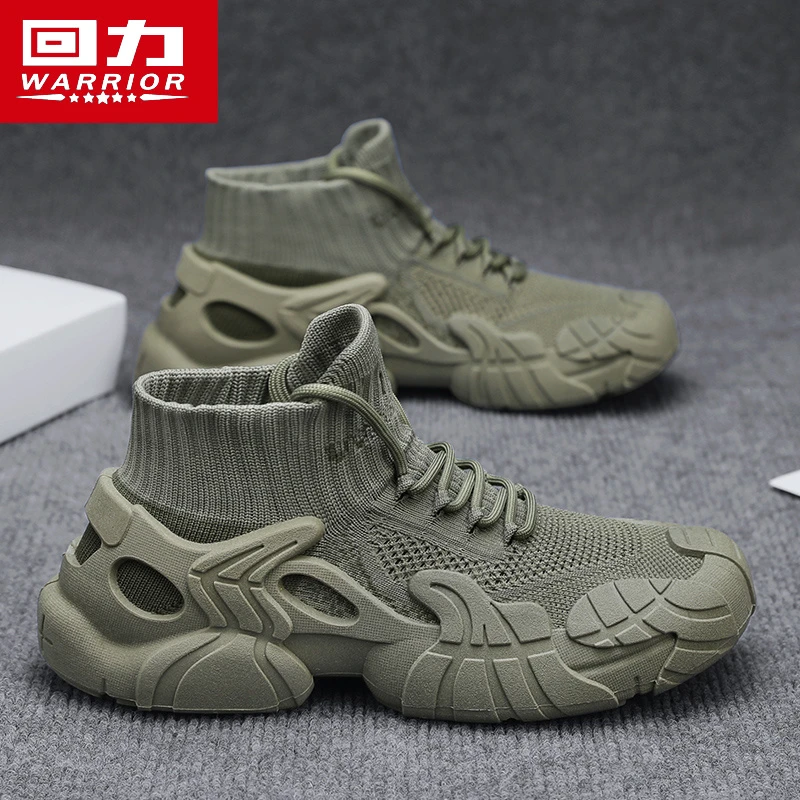 回力男鞋冬季透气网面飞织袜子鞋男士军绿色休闲运动机甲老爹潮鞋