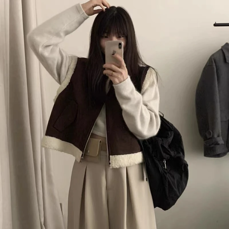 J-80911#YOUR#韩系简约通勤仿皮毛一体百搭拉链马甲（福利）