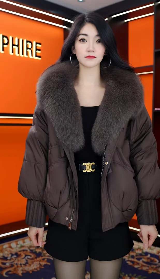 瑶瑶2025冬季新款宽松时尚白鸭绒外套高端毛领羽绒服女短款